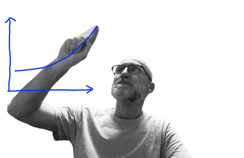 Andre malt ein exponentielle Entwicklungskurve mit dem Finger, um Skalierung zu symbolisieren.