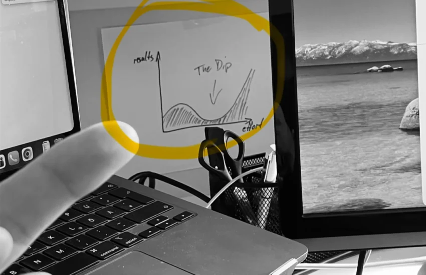 Bild von Seth Godins "The Dip" hängt im Büro